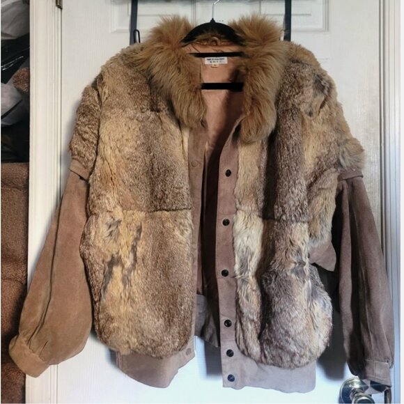 VTG Rabbit Fur Suede Bomber Jacket Convertible Vest Removable Sleeves Women M - Picture 2 of 16